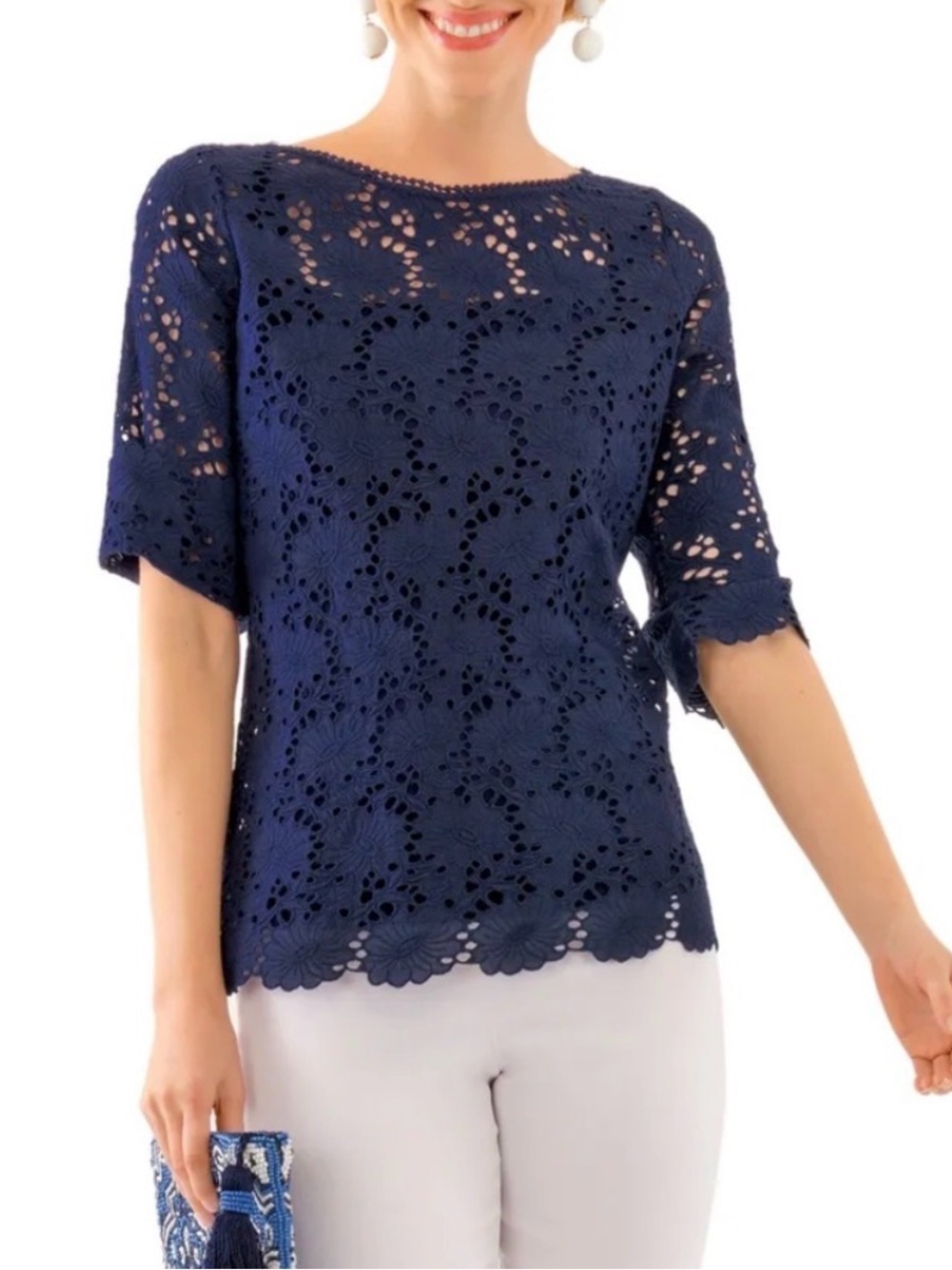 Gretchen Scott Navy Blue Daisy Embroidered Eyelet Lace Blouse.  Sz XS